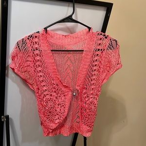 Pink Coral knitted fashion jacket with stones and safety pin fastener. Small
